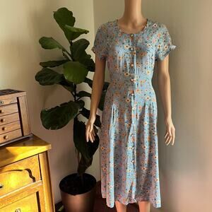Vintage 90s Blue Floral Strawberry Midi Dress Cottagecore Button Front